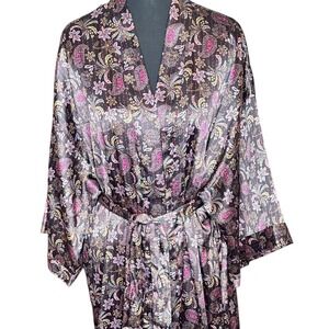Victoria's Secret Paisley Floral Satin Robe Kimono M L G Black Pink M/L